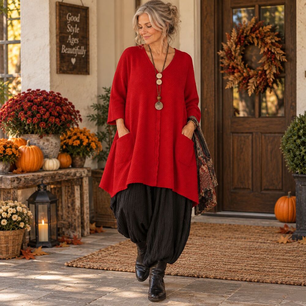 Joseph Ribkoff Womens Red Textured Knit Tunic Top Size 12 Artsy Lagenlook